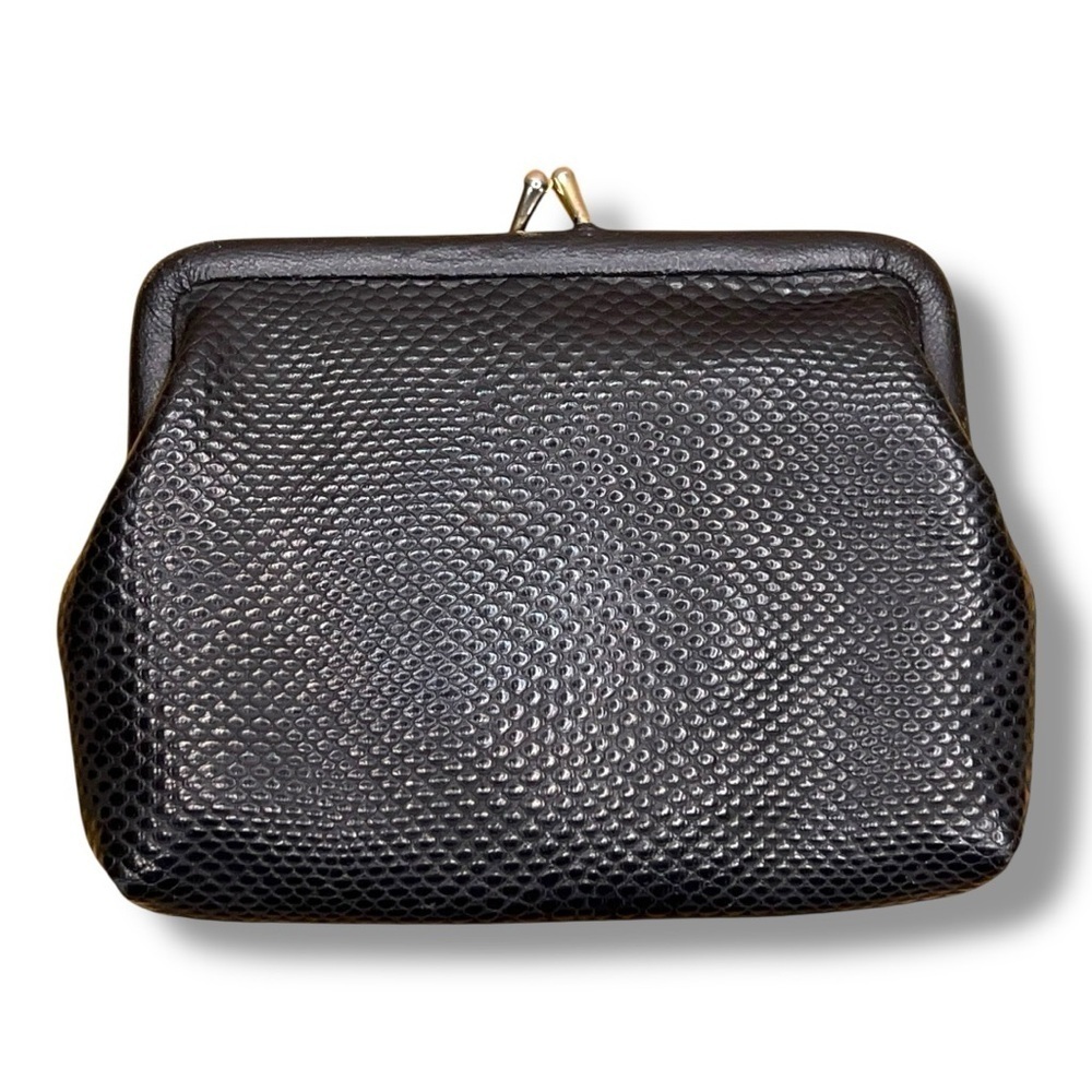 Vintage Black Vinyl 1960s Textured Coin Purse Clutch Silver Hardware Retro Goth
